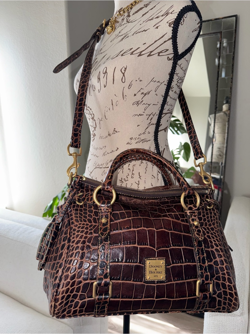 Dooney & Bourke Brown Croc-Embossed Satchel with Gold Hardware